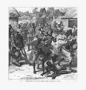 Az Ashantee háború: a haditengerészeti brigád megtisztítja Coomassie utcáit, 1874. alkotó: Unbekannt