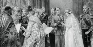 York hercege felhelyezi a gyűrűt Lady Elizabeth Bowes-Lyons ujjára, 1923. április 26., 1937. alkotó: Unbekannt