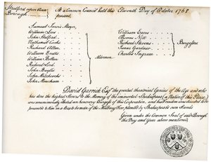 A Stratford-upon-Avon szabadsága, bemutatva David Garricknak, 1768, 1840 alkotó: Unbekannt