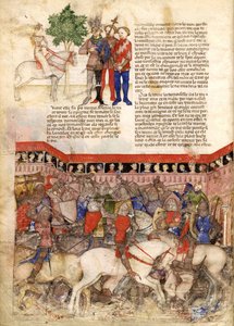 A kerek lovagok miniatűrje a Szent Grál keresése és Arthur halála című filmből, 1220 körül alkotó: Unbekannt