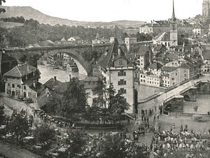 Nydeggbrücke és marhapiac, Bern, Svájc, 1895. alkotó: Unbekannt