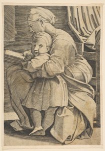 A Szűz a csecsemő Krisztussal olvas, profilban ülő nő balra néz..., kb. 1515-1600. alkotó: Unbekannt