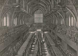 A bankett a Westminster-palota nagytermében...II. Jakab megkoronázása 1685-ben, 1902-ben. alkotó: Unbekannt