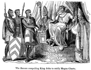 A bárók arra kényszerítették János királyt 1167-1216 között, hogy ratifikálja a Magna Cartát, 1215 alkotó: Unbekannt