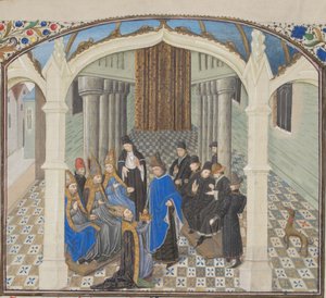 II. Balduin megkoronázása 1118-ban. Türoszi Vilmos miniatúrája a Historiából, 1460-as évek alkotó: Unbekannt