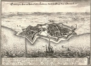 A svédországi Landskrona erődítményei, amelyeket a dánok elfoglaltak a Scania háborúban, 1676 alkotó: Unbekannt
