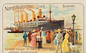 Az óriás SS Kaiser II Wilhelm 1905-ben a németországi Bremerhaven rakpartjáról húzódik le. alkotó: Unbekannt
