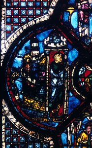 A zarándok Jeruzsálemből Jerikóba indul, ólomüveg, Chartres-i katedrális, Franciaország, 1205-1215 alkotó: Unbekannt