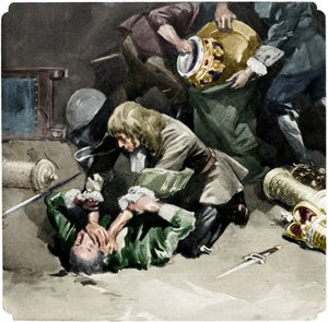 Thomas Blood megpróbálta ellopni a koronaékszereket a londoni Towerből 1671-ben, 1937-ben alkotó: Unbekannt