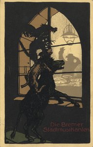 A Grimm testvérek Brémai városi zenészei című könyvének címterve, 1910-es évek alkotó: Unbekannt
