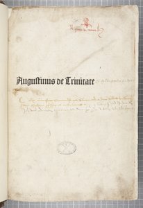 A De trinitate és a De Civitate Dei cum commento címlapja, Hippói Ágoston írta (toll és tinta papíron) alkotó: Unbekannt