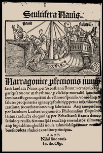 Sebastian Brant Bolondok hajója című könyvének címlapja, 1497. alkotó: Unbekannt