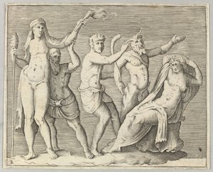 Két alak, egy faun és egy szatír közelít egy fekvő nőhöz, kb. 1599-1622. alkotó: Unbekannt