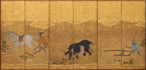 Két gazda, aki egy rizsföldet szánt és boronál, Edo-korszak, 1615-1868. alkotó: Unbekannt