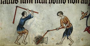 Két férfi cséplő kévét a Luttrell Zsoltárból, 1330 körül alkotó: Unbekannt