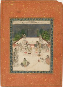 Két nő ül egy teraszon, kísérőkkel és zenészekkel körülvéve, kb. 1650. alkotó: Unbekannt