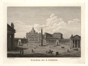 Kilátás a Szent Péter térre, a Piazza di S. Pietro-ra, a Szent Péter-bazilikával és az ókori egyiptomi obeliszkkel alkotó: Unbekannt