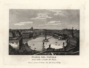 Kilátás a Piazza del Popolo térre, a Place du Peuple-re, II. Ramszesz egyiptomi obeliszkjével Heliopolisból, a római Pincian-hegy csúcsáról alkotó: Unbekannt