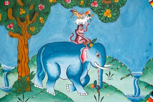 A négy barát legendáját ábrázoló fal; elefánt; majom; nyúl és kakas; Kharbadi Gompa; Phuentsholing; Bhután Királyság alkotó: Unbekannt