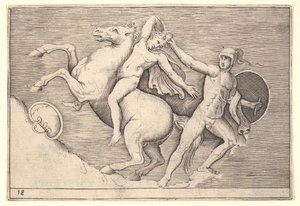 A Warrior Pulling a Rider from His Horse, az Ex Antiquis Camorum et Ge... kiadványból kb. 1599-1622. alkotó: Unbekannt