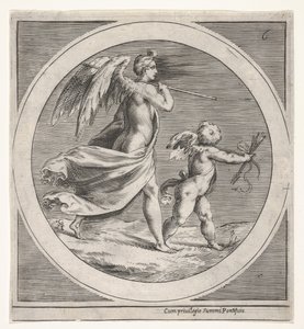 Szárnyas női alak, leterítve és bottal, szárnyas puttó mögött lépdelve..., kb. 1550-1600. alkotó: Unbekannt