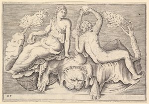 Woman and Man Seated on Lionskin, Man Pouring Wine, megjelent kb. 1599-1622. alkotó: Unbekannt