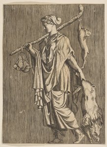 Vadászatról hazatérő nő, bal kezében vaddisznóval, bottal a kezén..., kb. 1515-1600. alkotó: Unbekannt