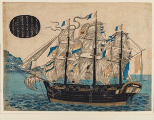 Woodblock print - holland vitorlás, VOC zászlóval alkotó: Unbekannt