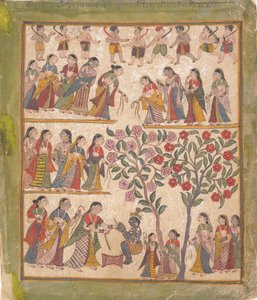 Yashoda megköti Krisnák kezét: Oldal egy szétszórt Bhagavata Purana kéziratból, 1640-50. alkotó: Unbekannt