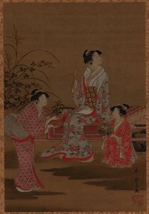 Fiatal nő, két lánnyal, kertben ülve, Edo-korszak, 1615-1868. alkotó: Unbekannt