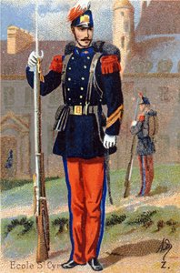 Z: Saint Cyr Iskola. Metszet "Katonai ábécé"-ben. Az illusztrátor kezdőbetűi: A. D. Ismeretlen kiadó. Kromolitográfia a 19. század végén. Mérete: 10,5x7 cm. alkotó: Unbekannt