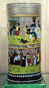 Egy német zománcozott Humpen, 1609-ben, ünnepi jelenetekkel díszítve alkotó: Unbekannt Unbekannt