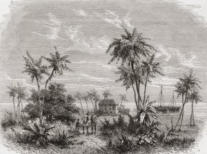 David Livingstone háza Zanzibárban, Tunéziában, Kelet-Afrika, illusztráció a „The World in the Hands”-ből, Henri Theophile Hildibrand (1824-97) metszetében, 1878-ban megjelent alkotó: Unbekannt Unbekannt