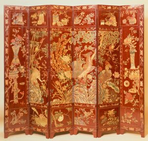 Lelkipásztori jelenet, (piros lakk paraván aranyozott chinoiserie-vel) alkotó: Unbekannt Unbekannt
