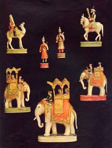 Darabok egy elefántcsont sakk-készletből, amelyet Delhiben készítettek Begum Samru számára 1790 körül (színes litográfia). alkotó: Unbekannt Unbekannt
