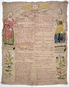 Sampler, a Tízparancsolatot ábrázolva, Elizabeth Coventry, angol, 1727 (színes selyem vászonon) alkotó: Unbekannt Unbekannt