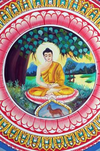 20151029, Vientiane, Laosz : Wat Inpeng buddhista templom. Sákjamuni Buddha élettörténetét ábrázoló festmény. Buddha meditációs pózban ül alkotó: Unbekannt