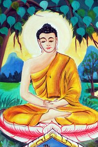 20151029, Vientiane, Laosz : Wat Inpeng buddhista templom. Sákjamuni Buddha élettörténetét ábrázoló festmény. Buddha meditációs pózban ül alkotó: Unbekannt