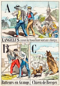 Az Angelusban a munkások a mezőkre mennek; B Cséplőgépek az istállóban; C juhászkutya - "A farm ábécéje" 19. század vége (metszet) alkotó: Unbekannt