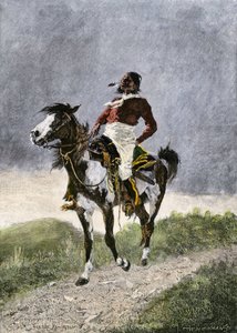 Egy bátor komancs, aki lóháton utazik a déli prérin (Texas, Oklahoma, USA), 1800 körül. Lithográfia alkotó: Unbekannter Künstler