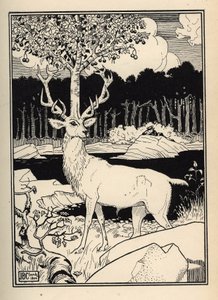 Cseresznyefa egy szarvas fején, amelyet megérintettek a cseresznye lándzsái: Baron de Munchausen Illusztráció: William Strang (1859-1921) és JB Clark, Rudolf Erich Raspe „Münchauseni báró kalandjaiból (Munchhausen)” (1736- alkotó: Unbekannt