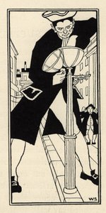 Egy óriás, akit de Münchausen báró hozott az angliai Sajt-szigetről, létra nélkül világítja meg az utcai lámpákat. Illusztráció: William Strang (1859-1921) és JB Clark „A münchauseni báró (Munchhausen) kalandjai, Rudolf Erich Ra alkotó: Unbekannt