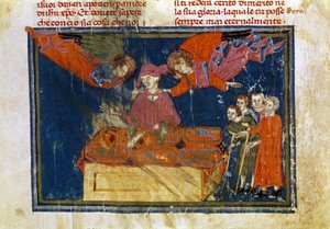 Egy csoport gyengélkedő ember és egy úr, aki irgalmassági művet végez azzal, hogy segítséget nyújt nekik. Miniatúra a "The Works of Merciord"-ból (ms. II, VI alkotó: Unbekannter Künstler
