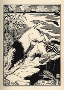 Egy oroszlán, aki Münchausen bárót akarta megtámadni, krokodillal végzett. Illusztráció: William Strang (1859-1921) és JB Clark Rudolf Erich Raspe (1736-1794) A münchauseni báró (Munchhausen) kalandjaiból (1789) alkotó: Unbekannt