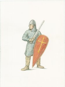 A rekonstrukciós illusztráció egy normann lovagot ábrázol 1066 körül alkotó: Unbekannter Künstler