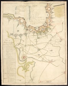 Az ostrommunkák színezett terve. Bergen op Zoom ostromának folyóirata, a franciák 1747-ben; előzte meg a francia tüzérség akkori állapotáról szóló beszámoló. alkotó: Unbekannter Künstler