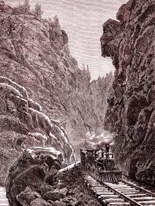Egy vonat átkel a coloradói hegyeken. Amerikai Egyesült Államok 1886-ban (metszet) alkotó: Unbekannter Künstler