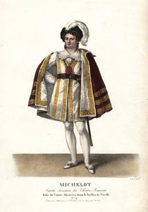 Pierre Marie Nicolas Michelot színész Pierre Beaumarchais Le Barbier de Seville című darabjában Almaviva gróf szerepében, Theatre Français. F. Noel kézi színezésű litográfiája Alexandre-Marie Colin illusztrációja után a Portraits d