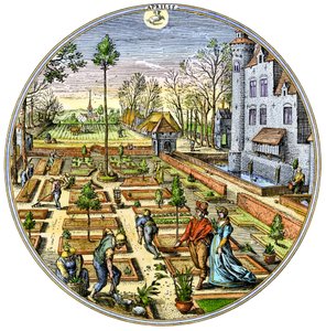 Mezőgazdaság: 1590 körül tavasz elején egy európai zöldségeskertben végzett kertészkedés 16. századi színes metszet. alkotó: Unbekannter Künstler
