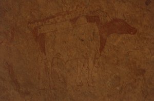 Algéria, Szahara sivatag, Tassili-n-Ajjer Nemzeti Park, Sefar helye, bikát ábrázoló sziklafestmény.